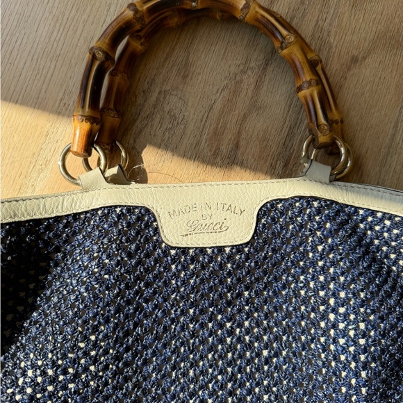 Gucci Raffia Bamboo Linen Leather Tote Bag Navy White - Picture 5 of 7